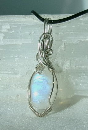 Rainbow Moonstone gemstone sterling silver wire wrapped crystal pendant