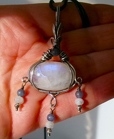 Rainbow Moonstone gemstone sterling silver wire wrapped crystal pendant with 3 blue aventurine, rainbow moonstone and sterling silver beaded dangles