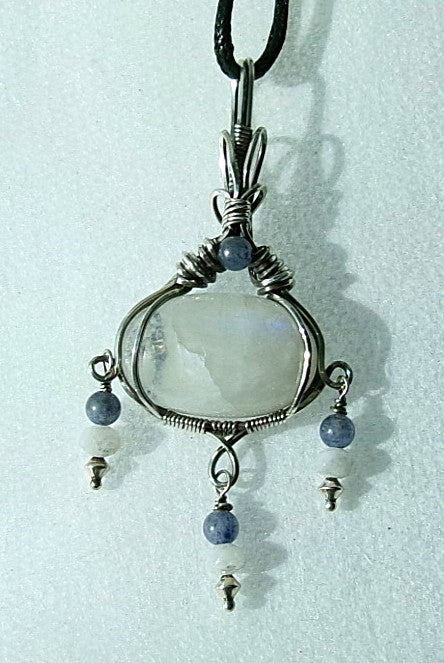 Rainbow Moonstone gemstone sterling silver wire wrapped crystal pendant with 3 blue aventurine, rainbow moonstone and sterling silver beaded dangles