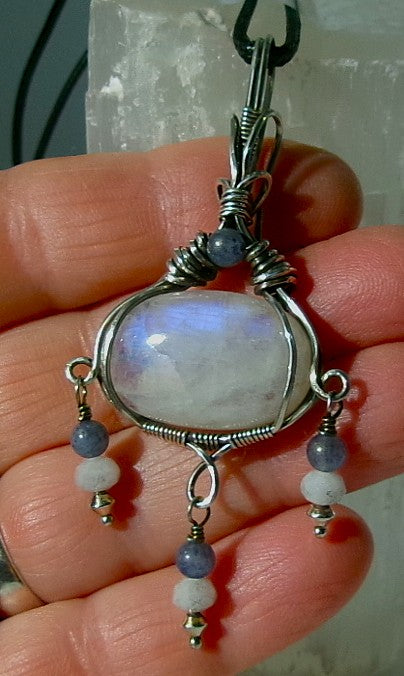 Rainbow Moonstone gemstone sterling silver wire wrapped crystal pendant with 3 blue aventurine, rainbow moonstone and sterling silver beaded dangles