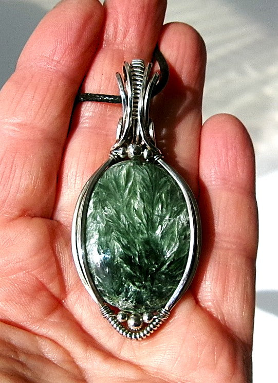 Seraphinite gemstone sterling silver wire wrapped crystal pendant with sterling silver accent beads