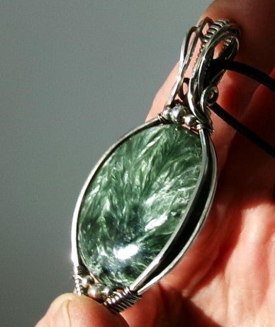 Seraphinite gemstone sterling silver wire wrapped crystal pendant with sterling silver accent beads