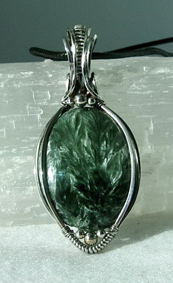 Seraphinite gemstone sterling silver wire wrapped crystal pendant with sterling silver accent beads