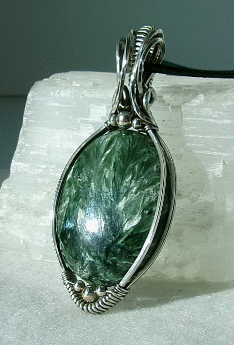 Seraphinite gemstone sterling silver wire wrapped crystal pendant with sterling silver accent beads