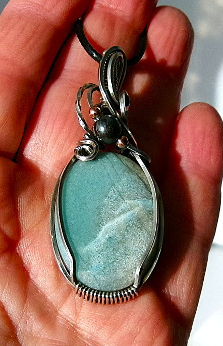 Trolleite gemstone sterling silver wire wrapped crystal pendant with hematite and copper accent beads