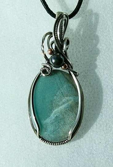 Trolleite gemstone sterling silver wire wrapped crystal pendant with hematite and copper accent beads