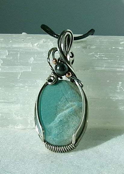 Trolleite gemstone sterling silver wire wrapped crystal pendant with hematite and copper accent beads