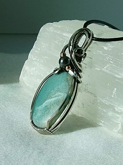 Trolleite gemstone sterling silver wire wrapped crystal pendant with hematite and copper accent beads