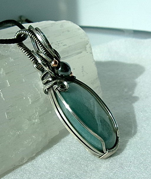 Trolleite gemstone sterling silver wire wrapped crystal pendant with hematite and copper accent beads