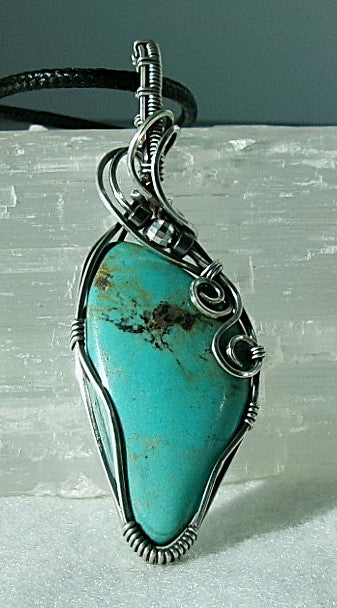 Turquoise gemstone sterling silver wire wrapped crystal pendant with hematite and sterling silver accent beads