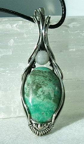Variscite gemstone sterling silver wire wrapped crystal pendant with snow quartz and sterling silver accent beads