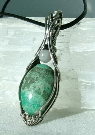 Variscite gemstone sterling silver wire wrapped crystal pendant with snow quartz and sterling silver accent beads