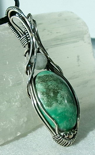 Variscite gemstone sterling silver wire wrapped crystal pendant with snow quartz and sterling silver accent beads
