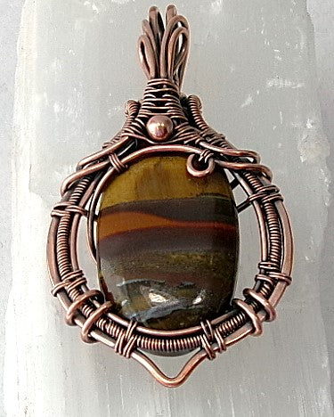 Tiger iron gemstone copper wire wrapped crystal pendant with copper accent bead