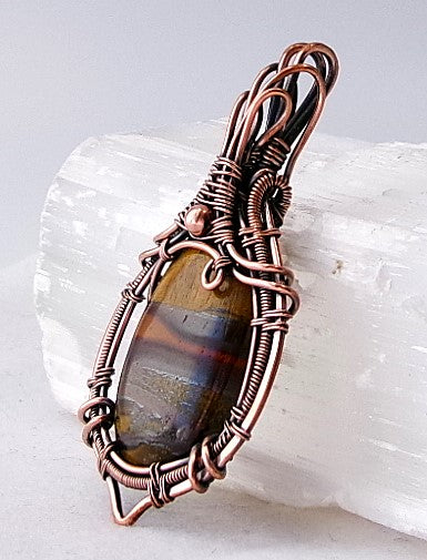 Tiger iron gemstone copper wire wrapped crystal pendant with copper accent bead