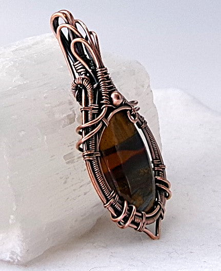 Tiger iron gemstone copper wire wrapped crystal pendant with copper accent bead