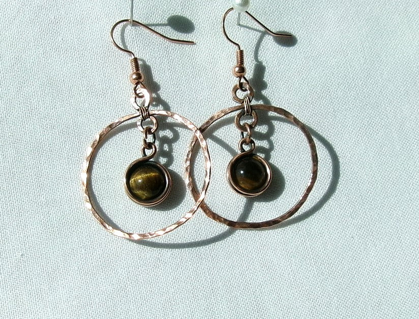 Tiger eye copper wire wrapped hammered hoop earrings