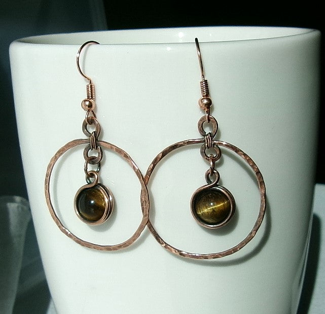 Tiger eye copper wire wrapped hammered hoop earrings