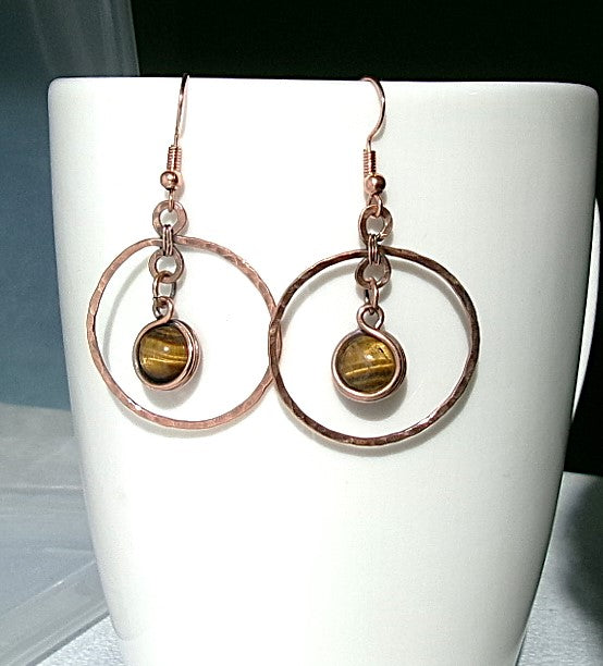 Tiger eye copper wire wrapped hammered hoop earrings