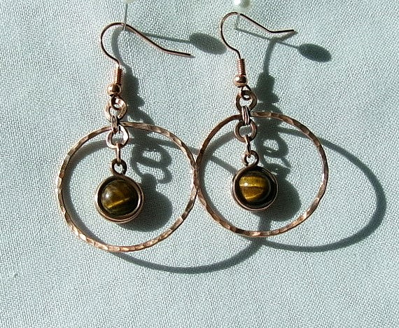 Tiger eye copper wire wrapped hammered hoop earrings