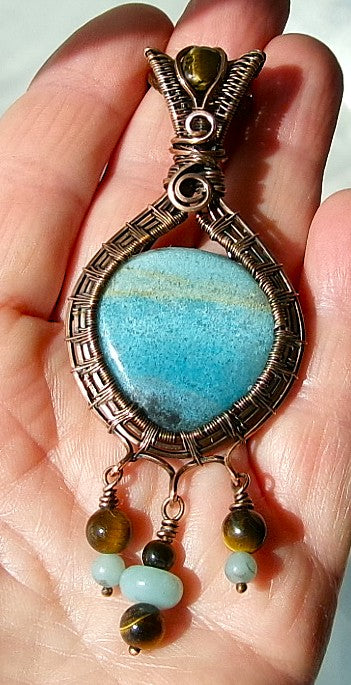 Trolleite gemstone copper wire wrapped crystal pendant with tiger’s eye bail stone and 3 dangles