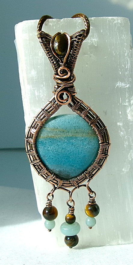 Trolleite gemstone copper wire wrapped crystal pendant with tiger’s eye bail stone and 3 dangles