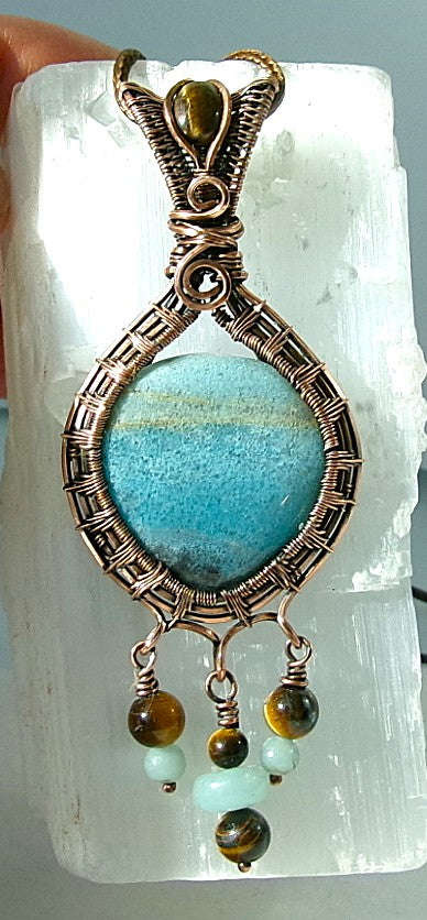 Trolleite gemstone copper wire wrapped crystal pendant with tiger’s eye bail stone and 3 dangles