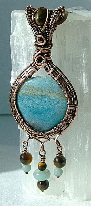 Trolleite gemstone copper wire wrapped crystal pendant with tiger’s eye bail stone and 3 dangles