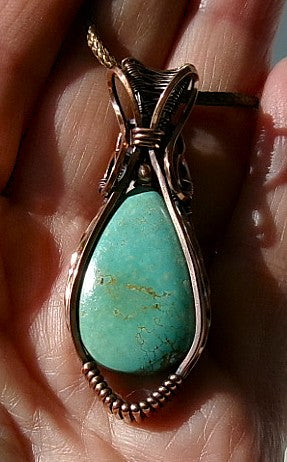 Turquoise gemstone copper wire wrapped crystal pendant with copper accent bead