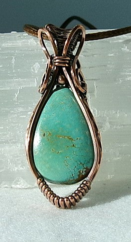 Turquoise gemstone copper wire wrapped crystal pendant with copper accent bead