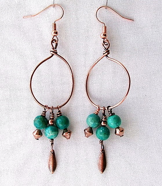 Turquoise copper wire earrings with copper accent beads and copper paddle shaped dangle