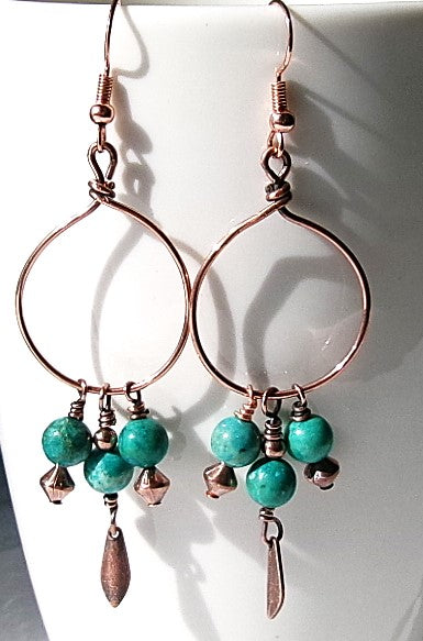 Turquoise copper wire earrings with copper accent beads and copper paddle shaped dangle