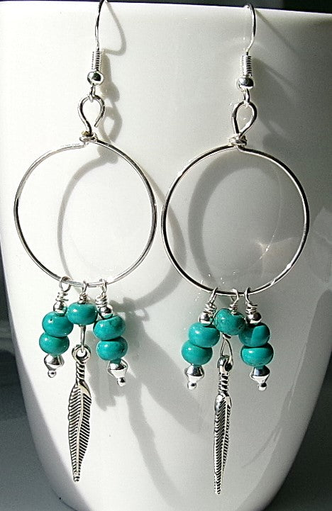 Turquoise silver filled wire earrings with silver accent beads and silver feather charm