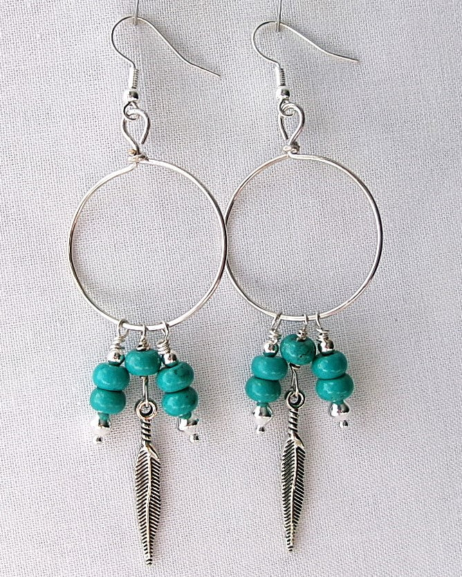Turquoise silver filled wire earrings with silver accent beads and silver feather charm