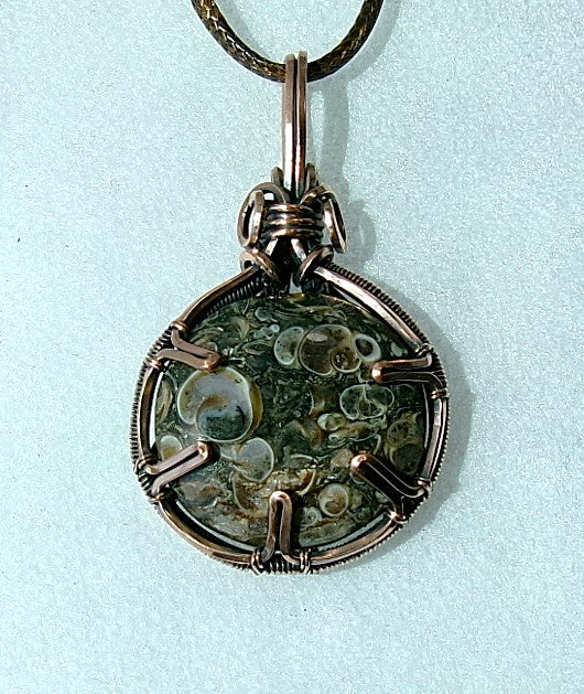 Turritella Fossil Agate gemstone copper wire wrapped crystal pendant