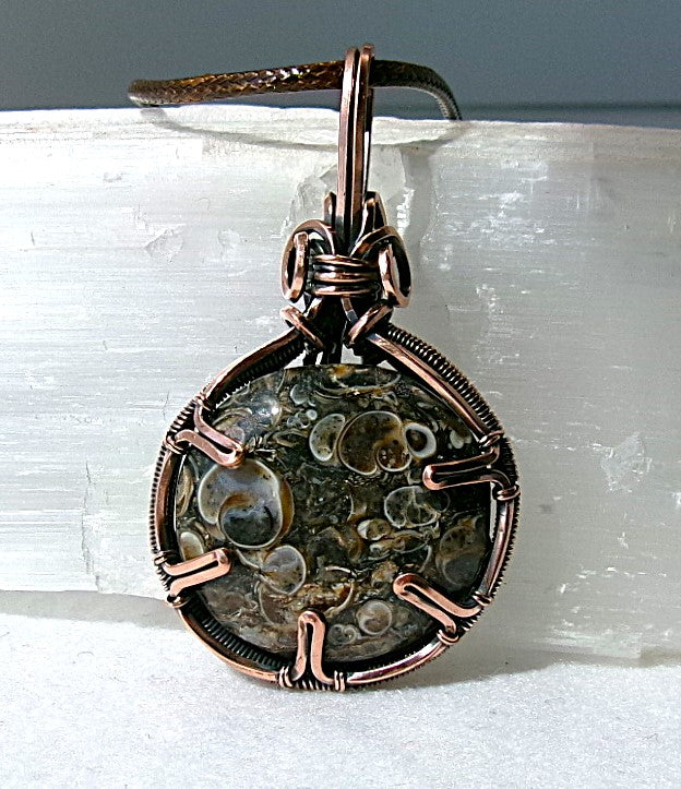 Turritella Fossil Agate gemstone copper wire wrapped crystal pendant
