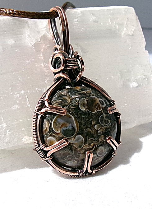 Turritella Fossil Agate gemstone copper wire wrapped crystal pendant