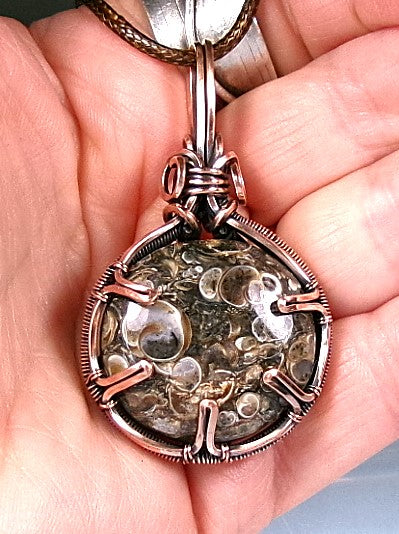 Turritella Fossil Agate gemstone copper wire wrapped crystal pendant